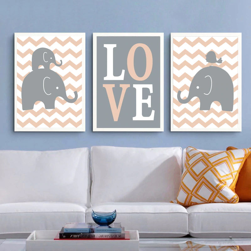 Elephants Sweet Family Love Cartoon Canvas Paintings Nordic Wall Art Pictures Poster and Print for Kids Room Nursery Home Decor