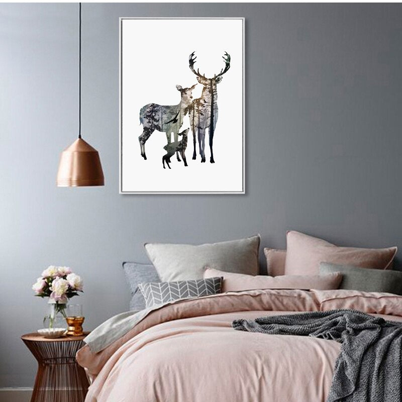 Family Of Deer In Forest Silhouette Wall Art Nordic Style Woodland Animals Fine Art Canvas Prints Scandinavian Style Home Interior Decor