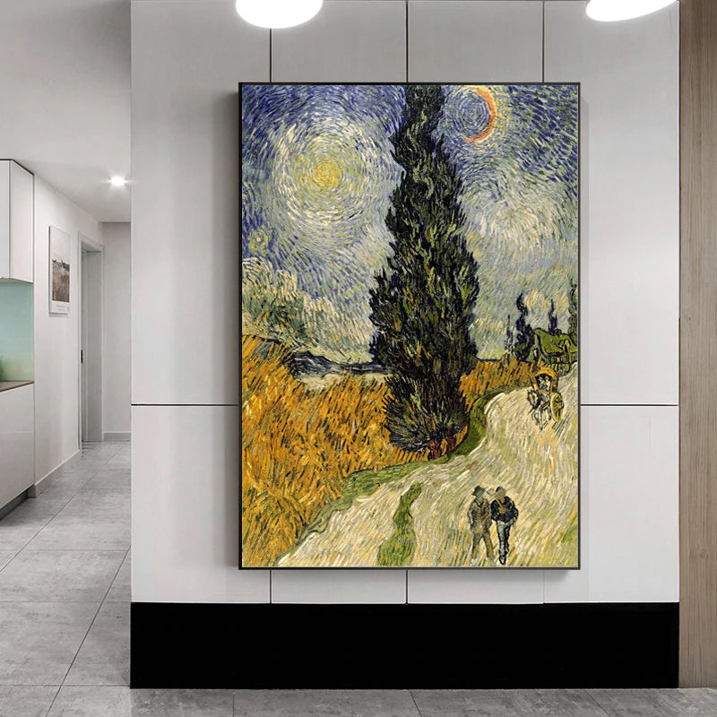 Famous Van Gogh Paintings, Road with Cypress Under Starry Sky, Poster Fine Art Canvas Print Wall Art Classic Art Paintings For Modern Home Decor