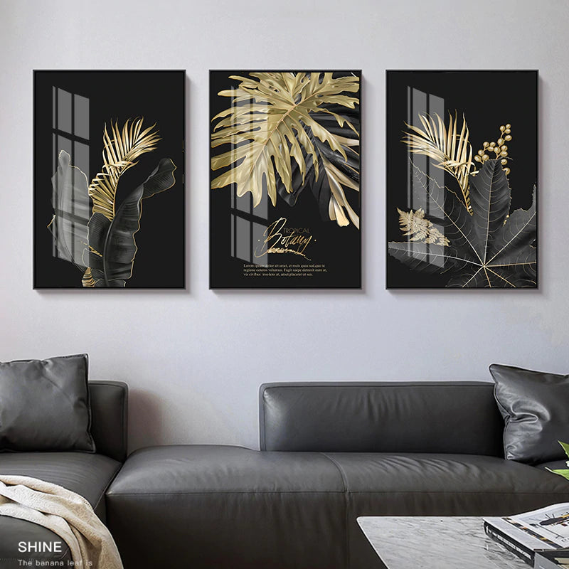 Golden Tropical Botany Luxury Nordic Wall Art Black & Gold Palm Leaves Fine Art Canvas Prints Salon Pictures For Office Living Room Bedroom Modern Interior Decor