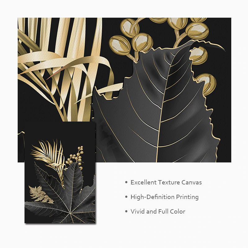 Golden Tropical Botany Luxury Nordic Wall Art Black & Gold Palm Leaves Fine Art Canvas Prints Salon Pictures For Office Living Room Bedroom Modern Interior Decor