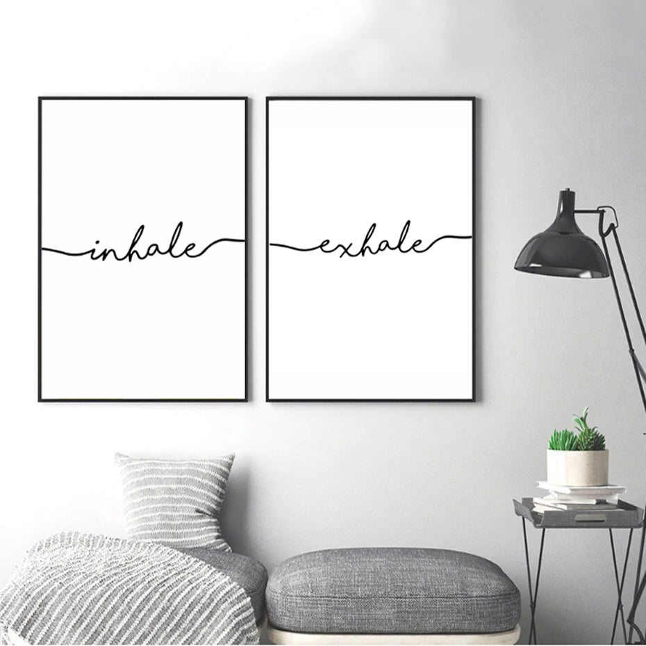 Inhale Exhale Word Art Canvas Wall Prints Minimalist Black White Letters Poster Art Abstract Paintings Salon Wall Art For Modern Home Decor