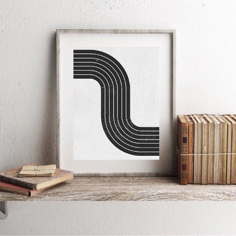 Minimalist Retro Mid Century Graphic Poster Black & White Parallel Curves Fine Art Canvas Print Nordic Style Wall Art For Modern Home Interiors