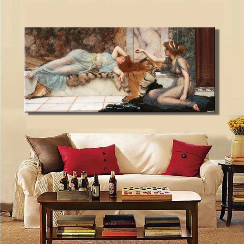 Mischief and Repose by John William Waterhouse, Fine Art Canvas Print Famous Neoclassic Paintings Wall Art Posters For Modern Home Decor