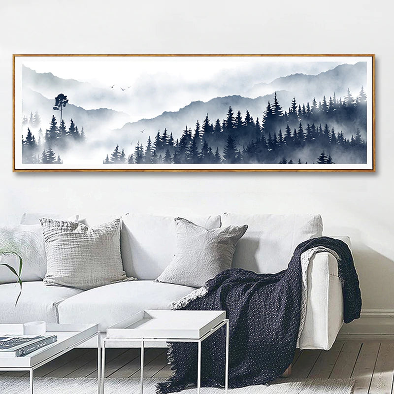 Misty Mountain Forest Landscape Widescreen Wall Art Nordic Style Fine Art Canvas Prints Pictures For Modern Scandinavian Home Interior Decoration