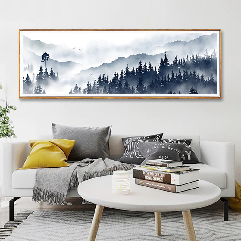 Misty Mountain Forest Landscape Widescreen Wall Art Nordic Style Fine Art Canvas Prints Pictures For Modern Scandinavian Home Interior Decoration