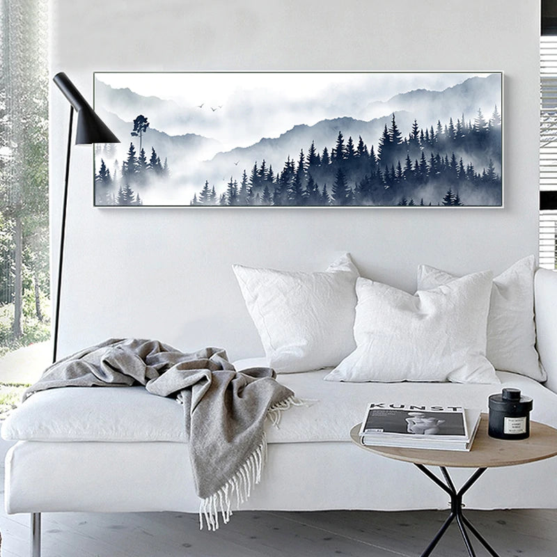 Misty Mountain Forest Landscape Widescreen Wall Art Nordic Style Fine Art Canvas Prints Pictures For Modern Scandinavian Home Interior Decoration