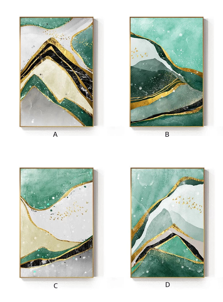 Modern Abstract Golden Green Marble Wall Art Contemporary Nordic Fine Art Canvas Prints For Office Or Home Living Room Wall Decoration