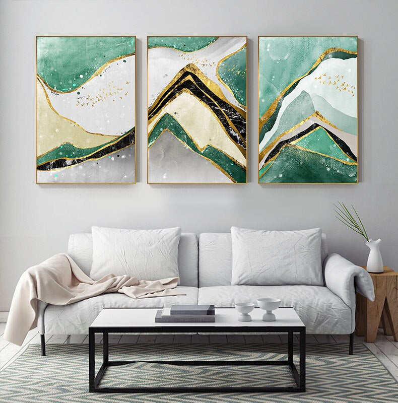 Modern Abstract Golden Green Marble Wall Art Contemporary Nordic Fine Art Canvas Prints For Office Or Home Living Room Wall Decoration