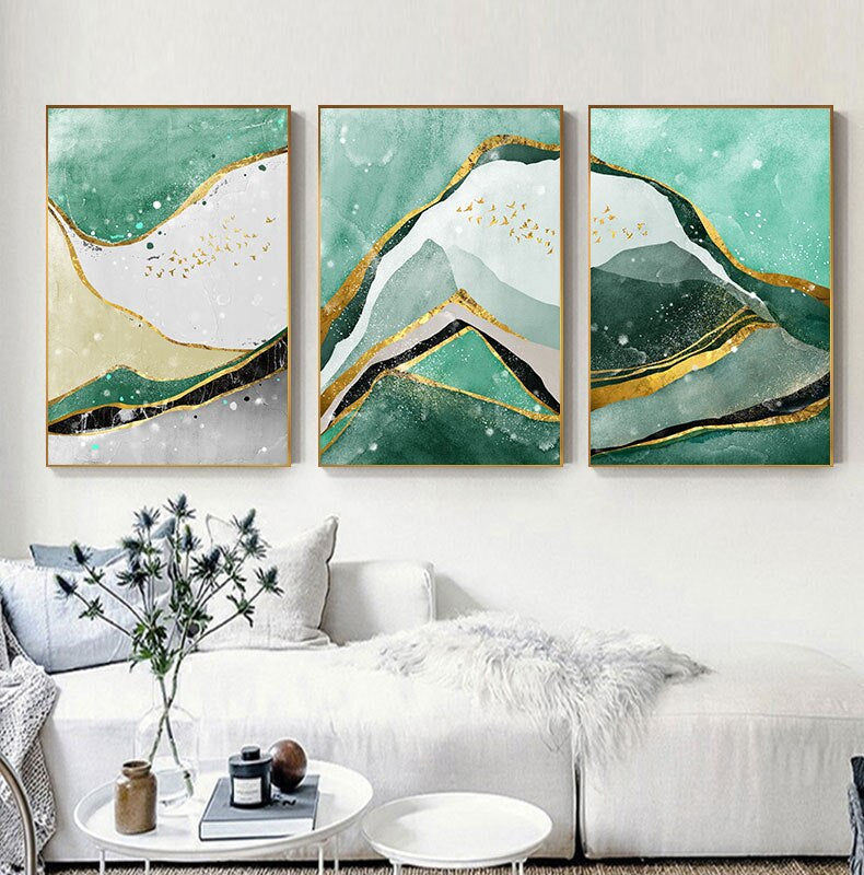 Modern Abstract Golden Green Marble Wall Art Contemporary Nordic Fine Art Canvas Prints For Office Or Home Living Room Wall Decoration