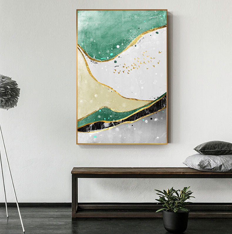 Modern Abstract Golden Green Marble Wall Art Contemporary Nordic Fine Art Canvas Prints For Office Or Home Living Room Wall Decoration