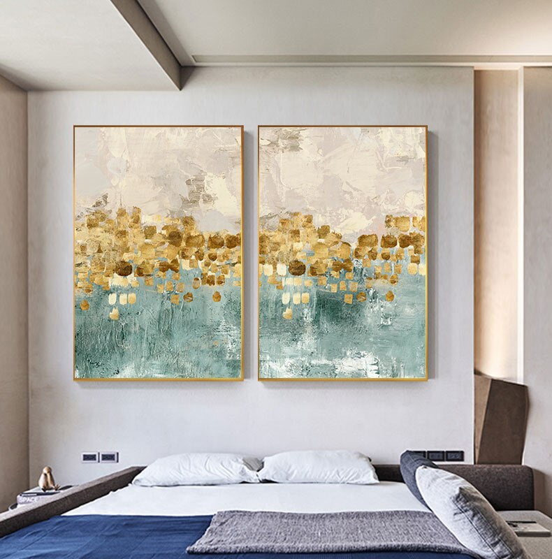 Modern Abstracts Gold Beige And Tiffany Blue Luxury Wall Art Fine Art Canvas Prints Nordic Style Contemporary Wall Art Modern Interior Decor