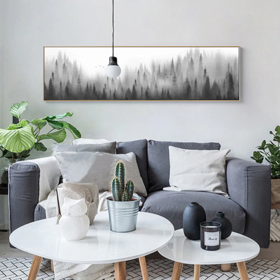 Nordic Woodland Landscape Panorama Wide Format Morning Mist Wilderness Forest Wall Art Canvas Prints For Living Room Modern Home Decor