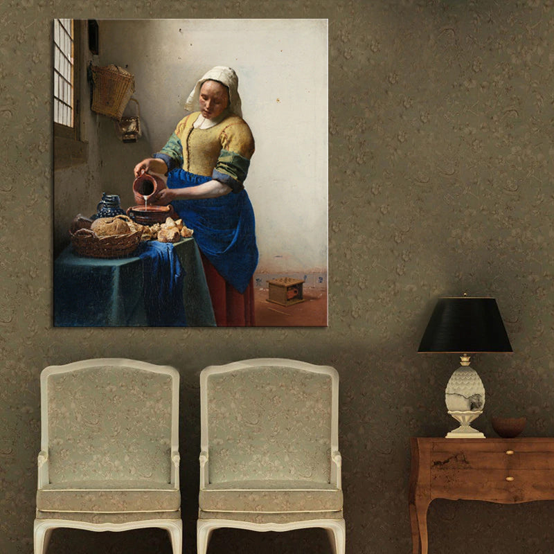 The Milkmaid by Johannes Vermeer Famous Painting of the Dutch Golden Age Fine Art Canvas Print. Classic Paintings Wall Art for Modern Home Decor
