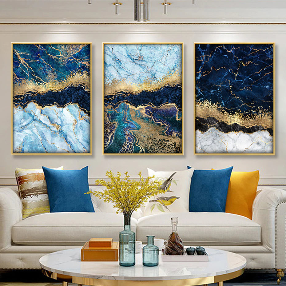 Abstract Deep Sea Blue Marble Print Golden Seam Agate Wall Art Fine Art Canvas Pictures For Luxury Living Room Dining Nordic Home Interior Decor