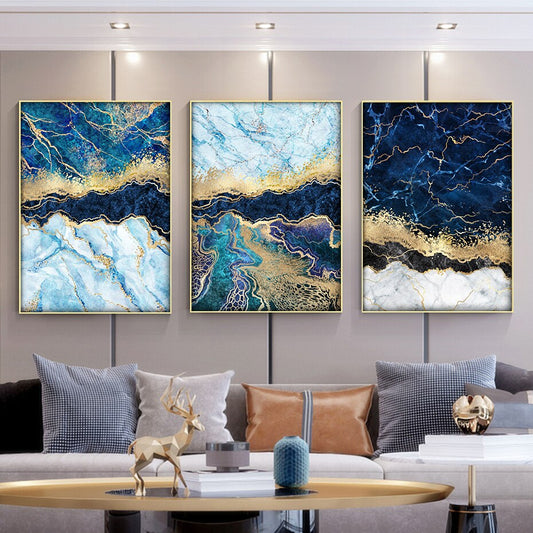 Abstract Deep Sea Blue Marble Print Golden Seam Agate Wall Art Fine Art Canvas Pictures For Luxury Living Room Dining Nordic Home Interior Decor