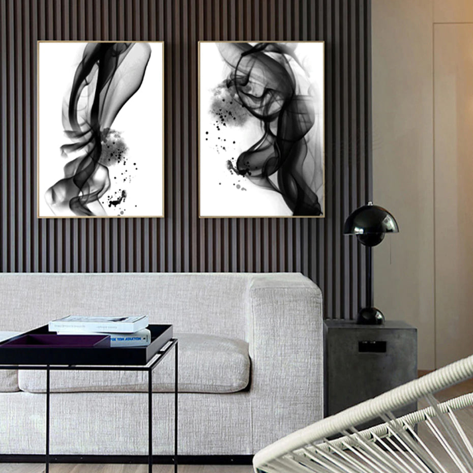 Abstract Black White Ink Splash Posters Fine Art Canvas Prints Modern Minimalist Salon Art For Office Boutiques and Home Decor