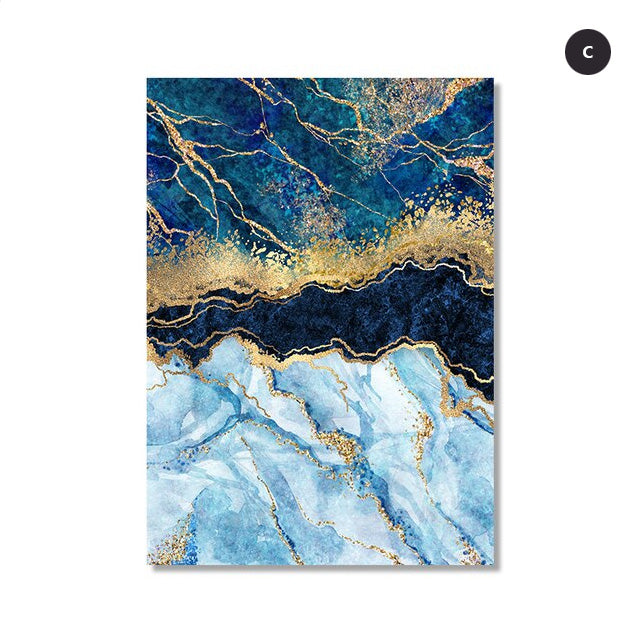 Abstract Deep Sea Blue Marble Print Golden Seam Agate Wall Art Fine Art Canvas Pictures For Luxury Living Room Dining Nordic Home Interior Decor