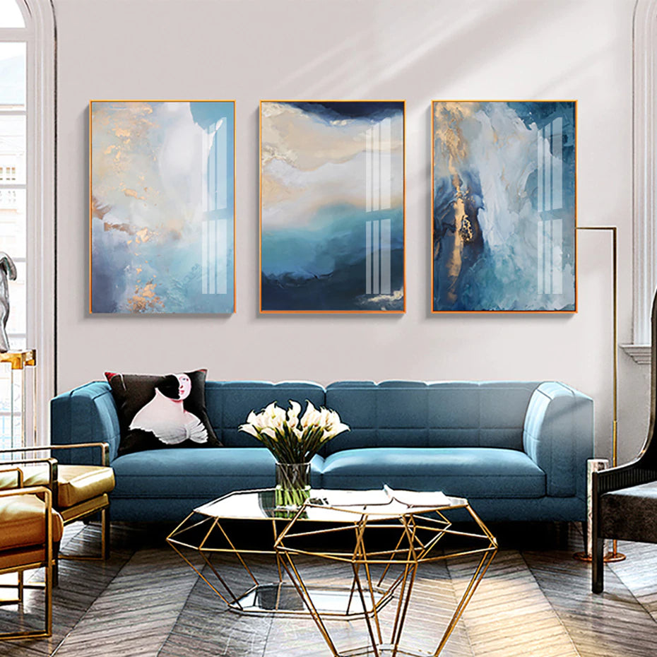 Modern Contemporary Golden Blue Marble Wall Art Fine Art Canvas Prints Abstract Pictures For Luxury Living Room Entrance Hallway Reception Room Decor