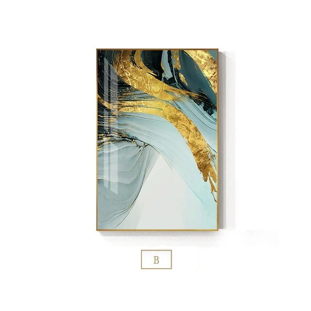 Modern Luxury Abstract Wall Art Golden Blue Jade Fine Art Canvas Prints Fashionable Pictures For Office Living Room or Bedroom Decor