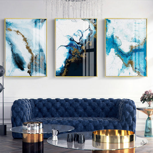 Shades Of Blue Liquid Marble Wall Art Fine Art Canvas Print Nordic Abstract Pictures For Luxury Living Room Boutique Hotel Bedroom Home Art Decor