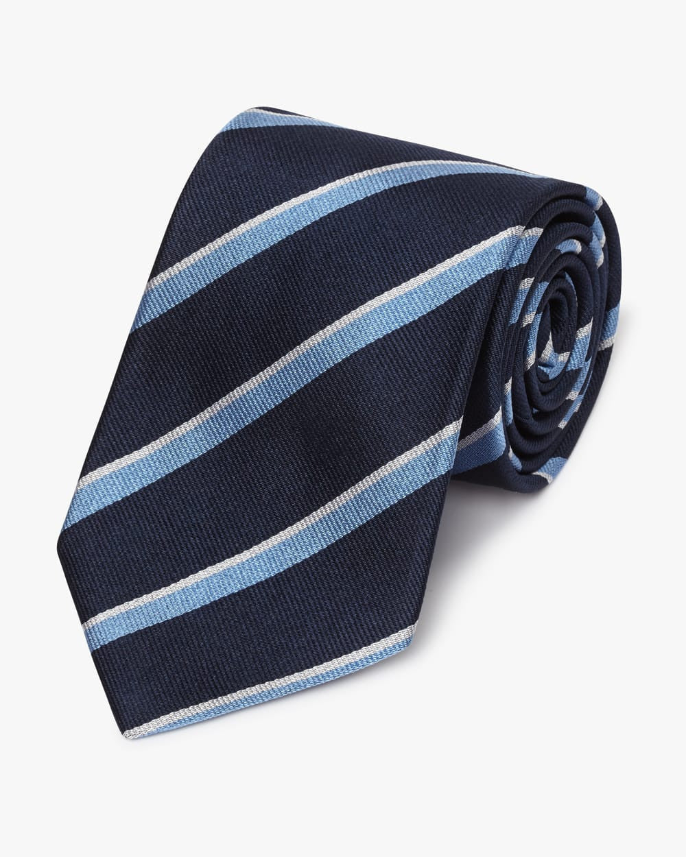 Rolled tie with navy, light blue, and white regimental diagonal stripes