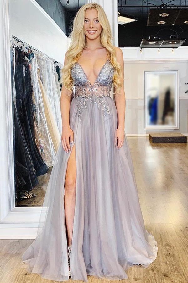 A Line Spaghetti Straps Deep V Neck Beads Tulle Prom Dresses with High Split,  Party Dress on sale – Mmocu