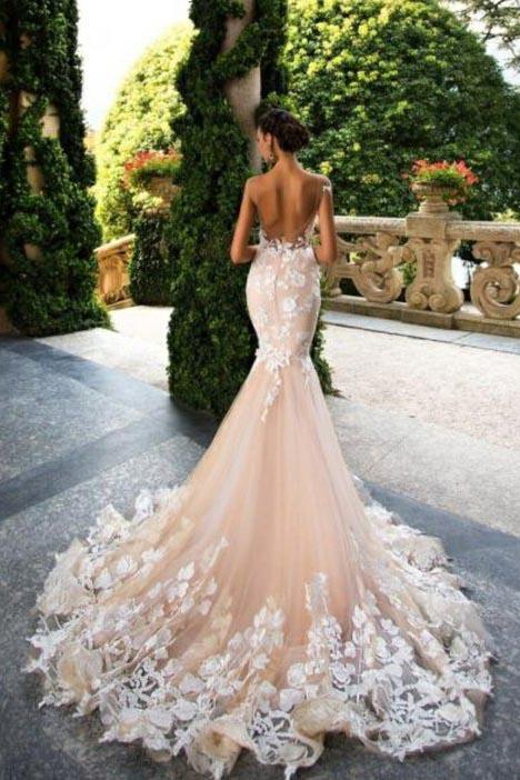 Mermaid Light Pink Backless Lace 