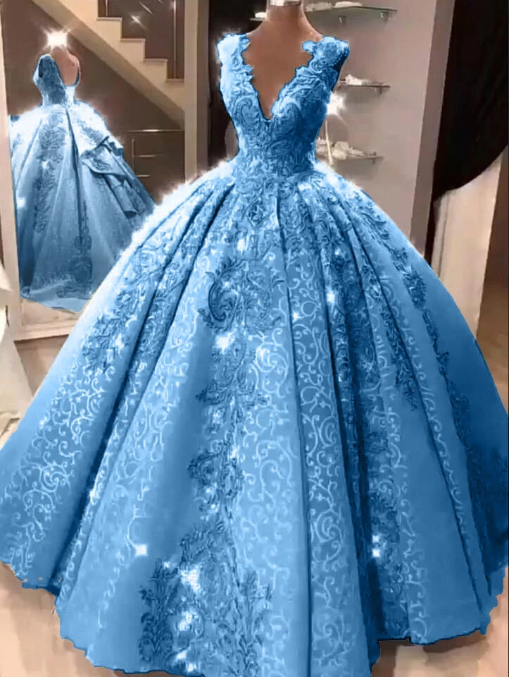 hun er Mægtig Robe Ball Gown V Neck Prom Dresses with Appliques, Long Quinceanera Dresses –  Mmocu