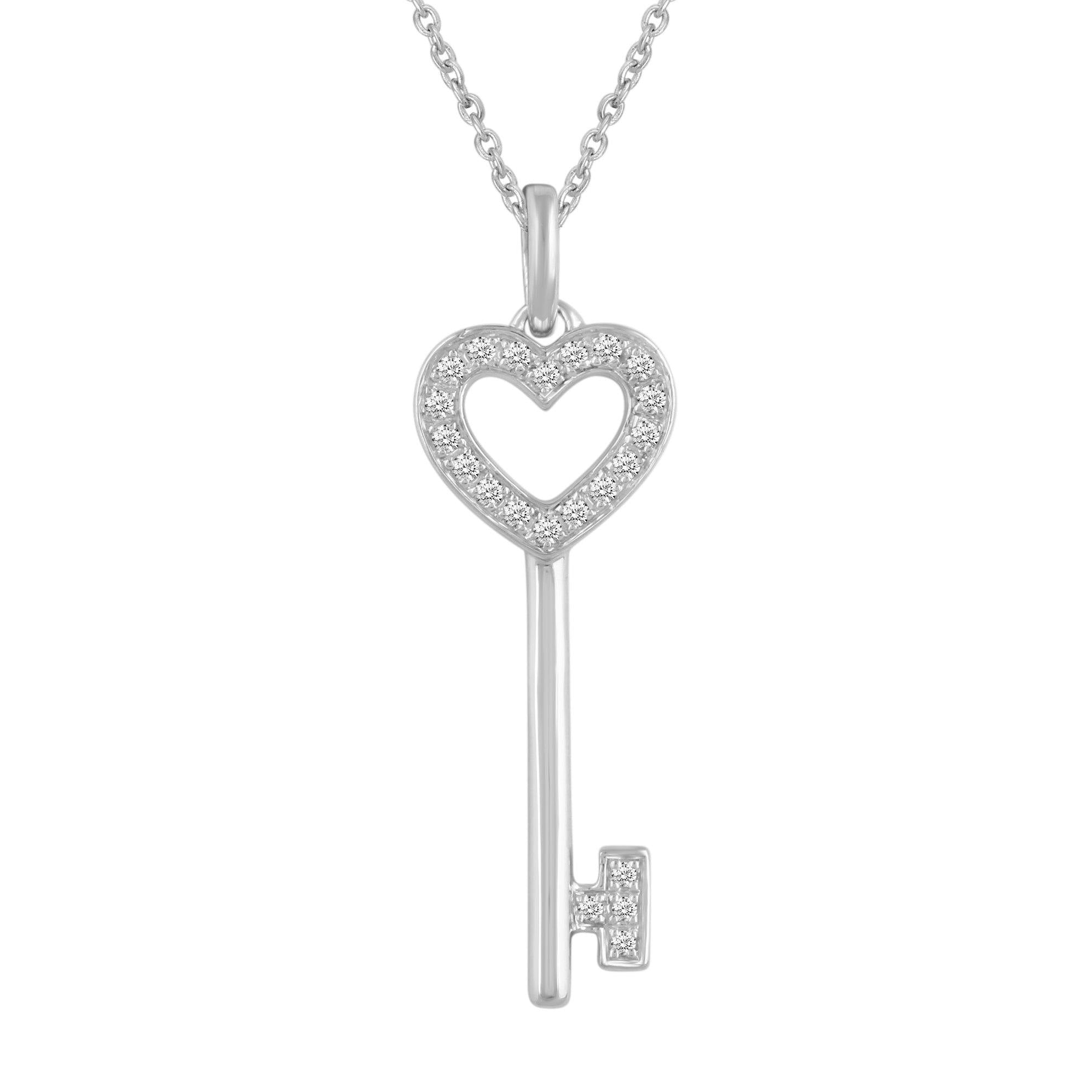 Sterling Silver .05 CTW Genuine Diamond 2" Heart Key Pendant on 18" Necklace