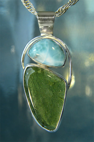 Larimar & polished Moldavite custom silver pendant