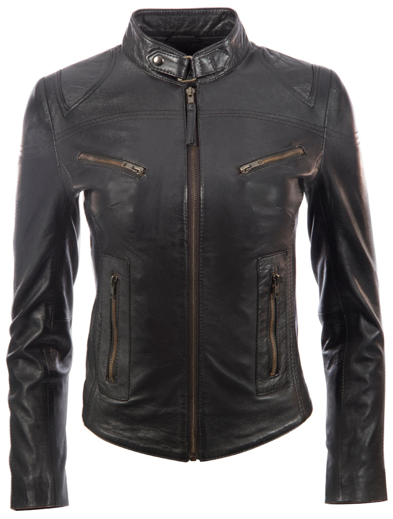 AGSM Aviatrix Womens Real Leather Cross-Zip Multi-Zip Biker Jacket
