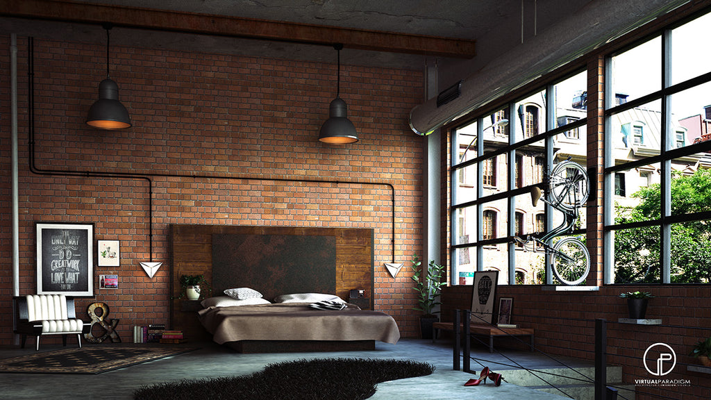 Chambre a coucher mur en brique industriel