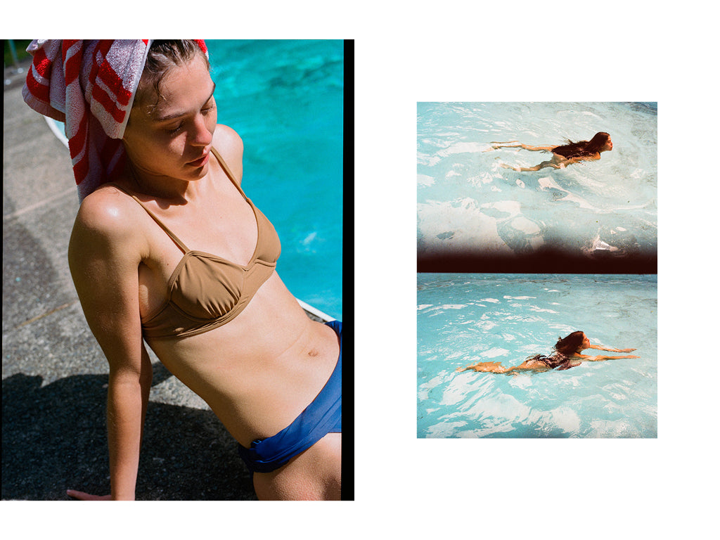 Image on the left is of a woman sunning herself poolside wearing a Chai Nu Swim bikini top. Image on the right is of a woman with long brown hair swimming in a pool and wearing a one piece swimsuit by Shaina Mote..