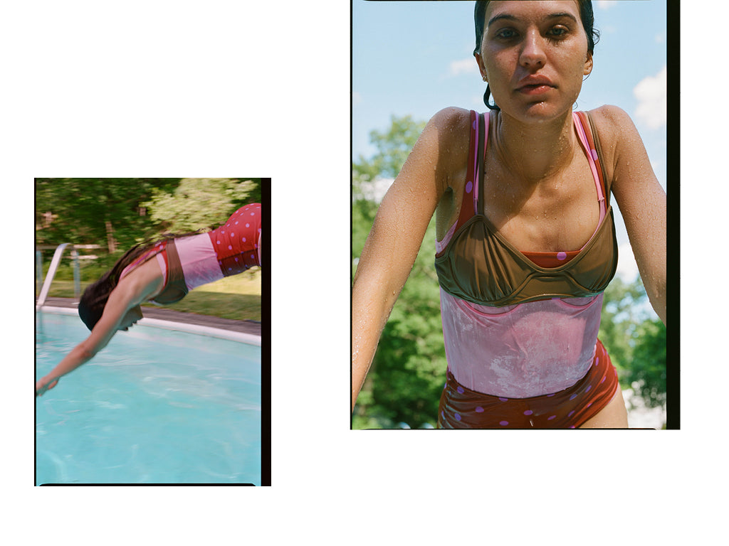 Image on left is of a woman diving into a swimming pool wearing layers of different swimsuits and bikinis by Baserange, Nu Swim and and Araks. Image on right is of the same woman looking into the camera.