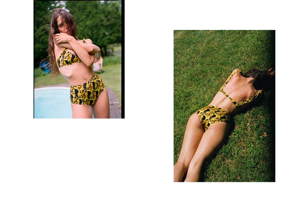 Left and right images are of a woman wearing a yellow and brown floral bikini by Laura Urbinati.