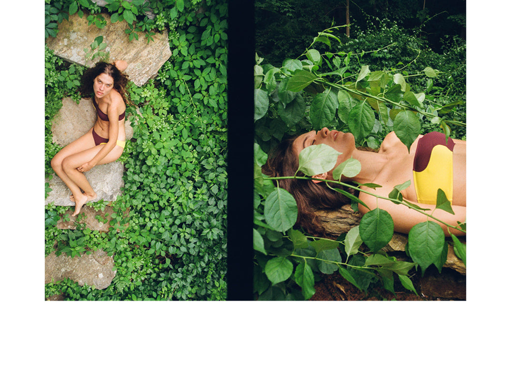Images on left and right are of a woman lying on rocks amongst vines and wearing a bikini by Laura Urbinati.
