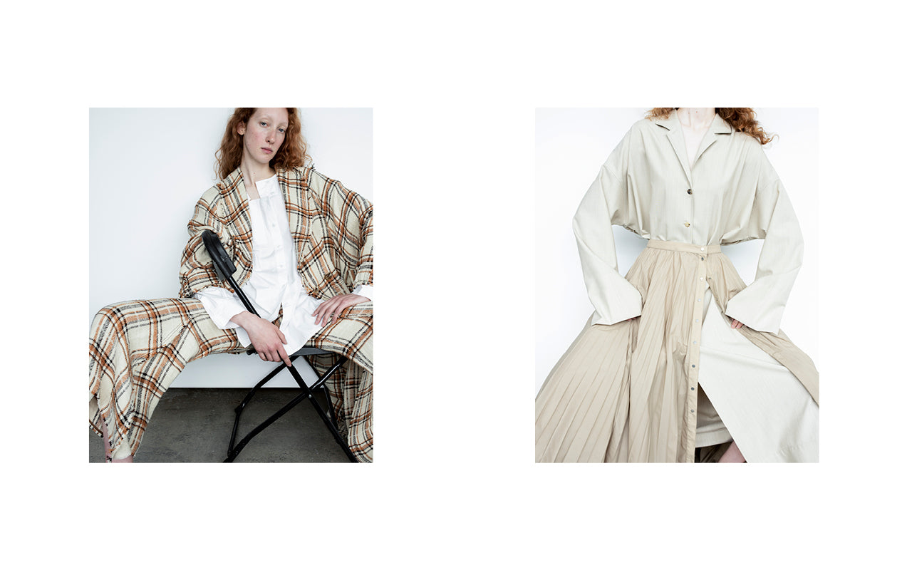 Image on left is of a woman wearing a White shirt by NEHERA with pants and a jacket by Veronique Leroy. Image on right is a detail crop of a jacket and pleated skirt by NEHERA.
