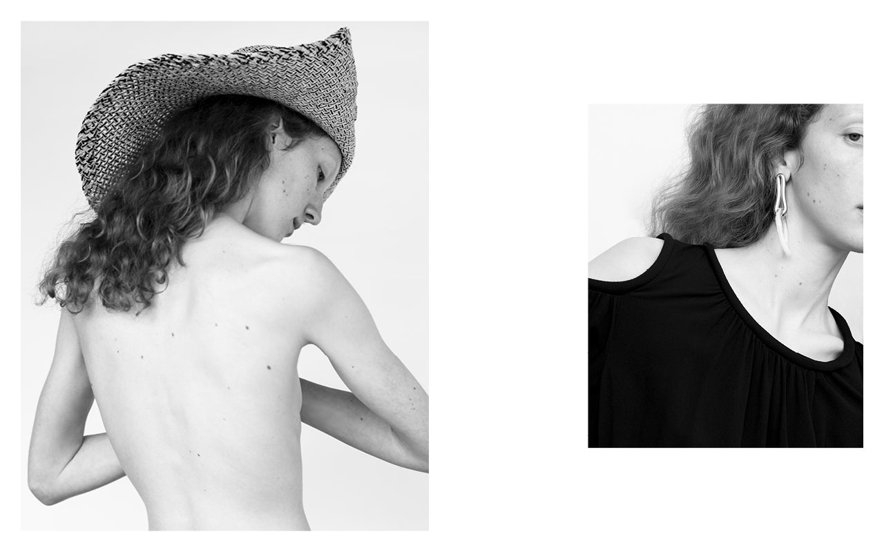 Image on left is a portrait of a woman in a hat by Clyde, her back is to the camera. Image on the right is a close-up crop of an earring by Leigh Miller.