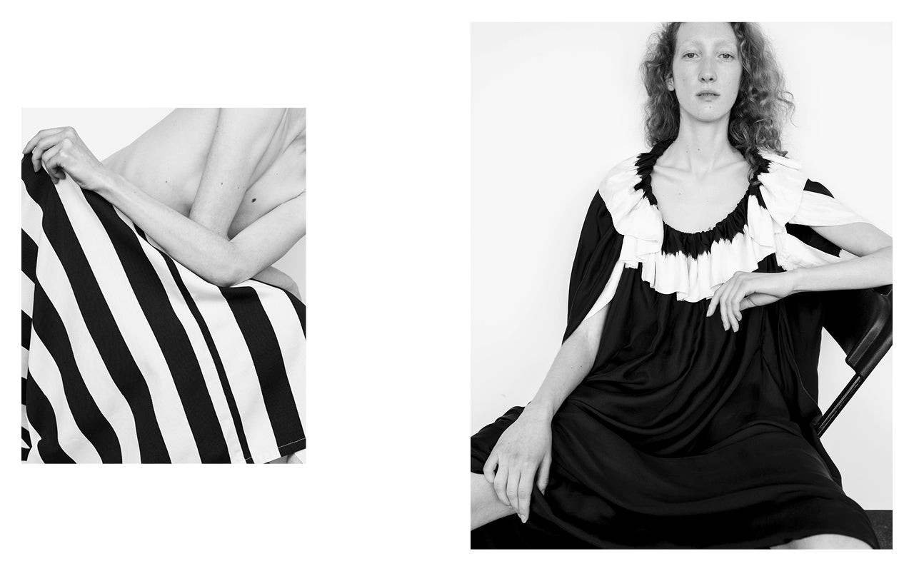 Image on left is a close-up of a stripe Visvim skirt. Image on right is of the same woman sitting on a chair wearing a Black and White Bernhard Willhelm dress.