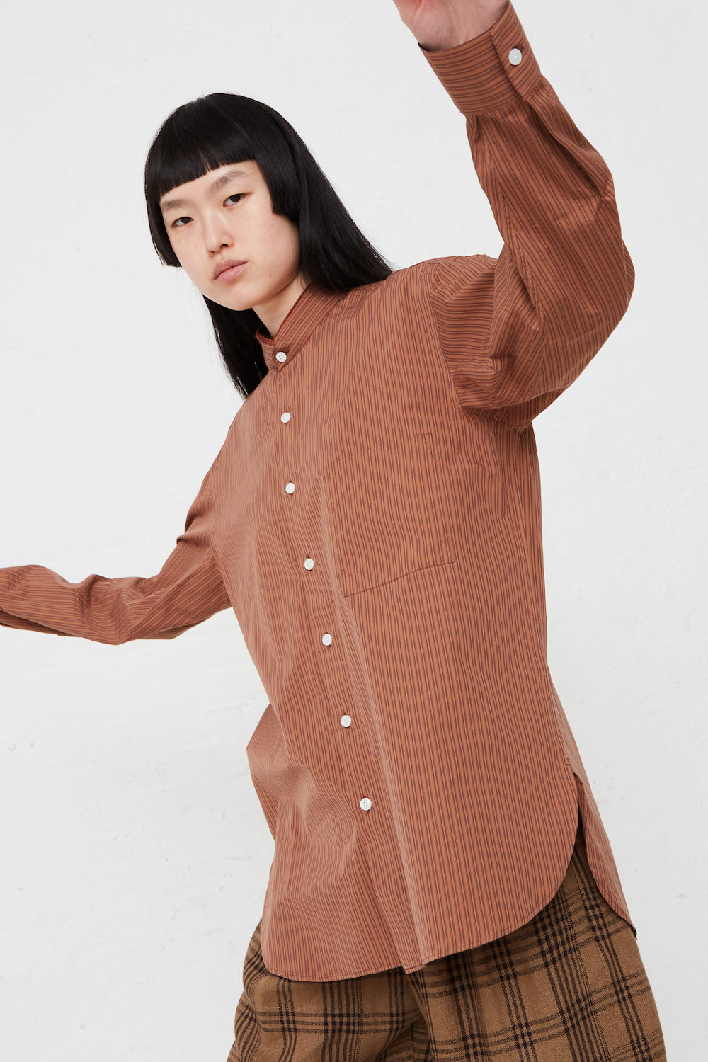 Handmade Mao Shirt with Fringed Collar in Noisette Stripes