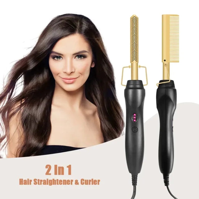 2 in 1 High Heat Hair Straightener Curler Press Comb