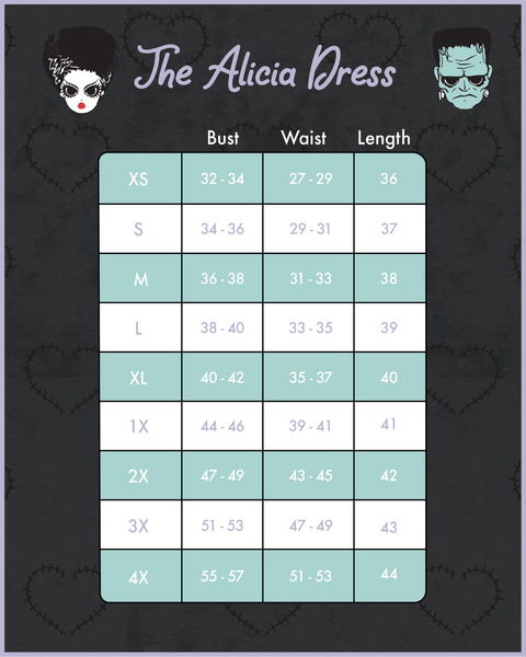 Universal Monsters Bride of Frankenstein Stitch Shoppe "Alicia" Dress Size Chart Image