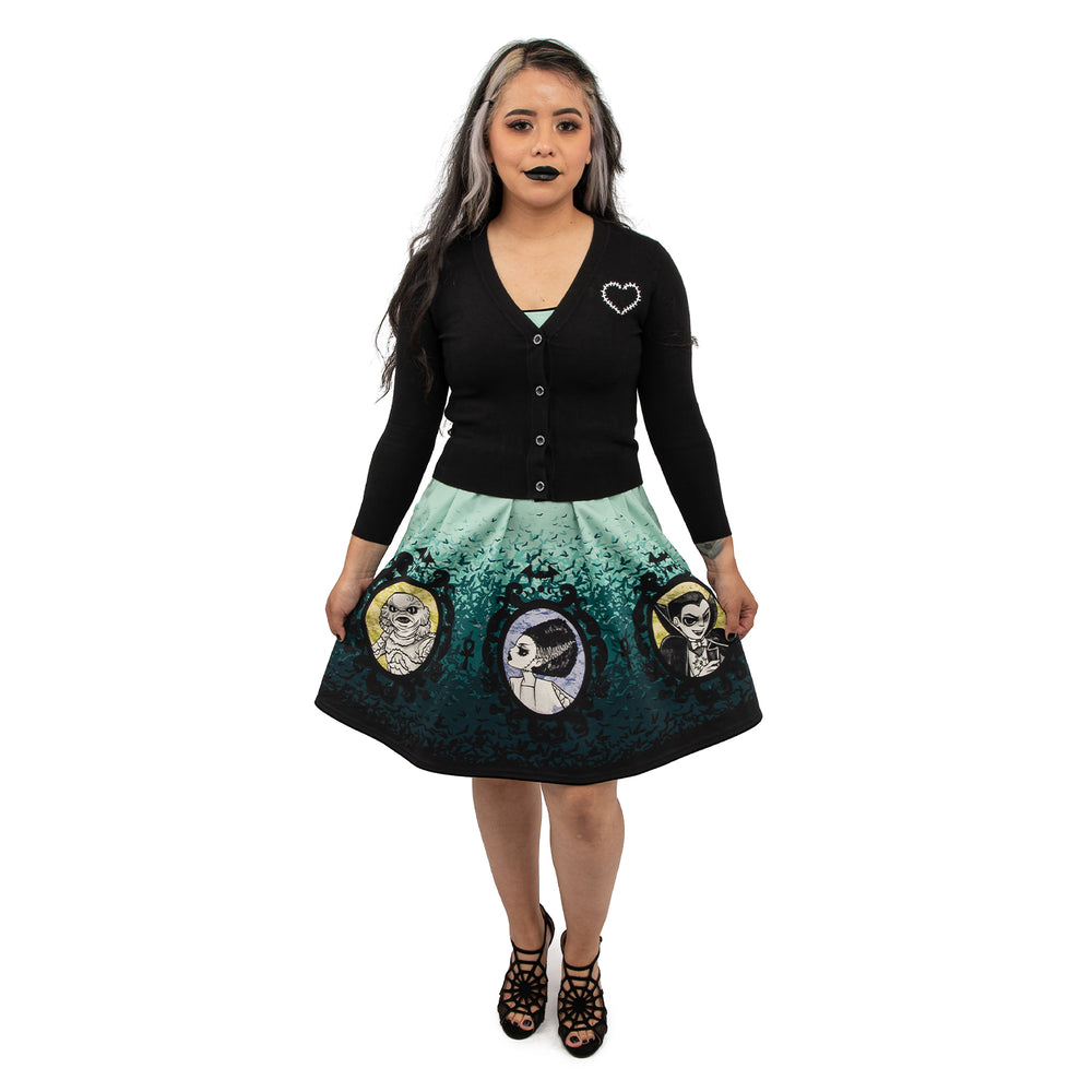 Universal Monsters Stitch Shoppe "Alexis" Cropped Cardigan Sweater Front Full Model View-zoom