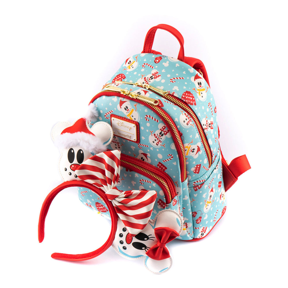Disney Snowman Mickey and Minnie Mouse Mini Backpack with Ears Headband Top Side View-zoom