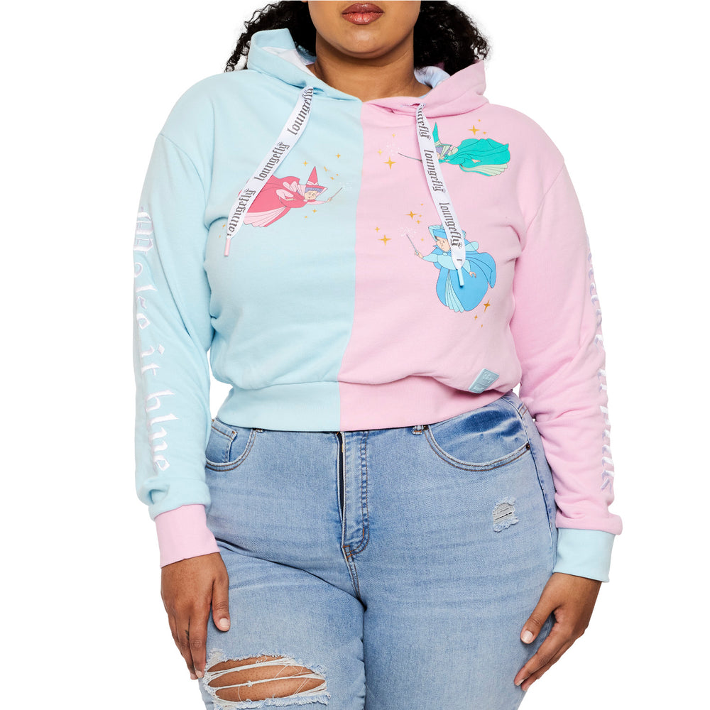 Sleeping Beauty Make it Pink Make it Blue Crop Hoodie Front Closeup Model View-zoom