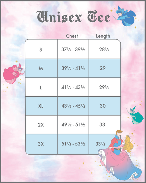 Sleeping Beauty Happily Ever After Tee Size Chart View