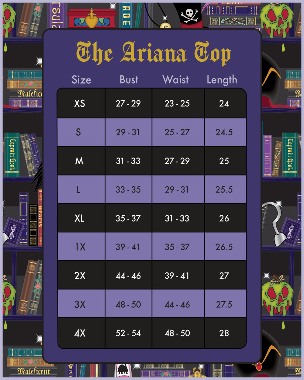 Disney Stitch Shoppe Villains Books Happily Never After "Ariana" Fashion Top Size Chart View-zoom