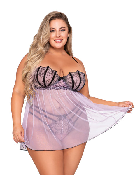 Dreamgirl Womens Plus Size Babydoll with Floral Embroidery and G-String Set 