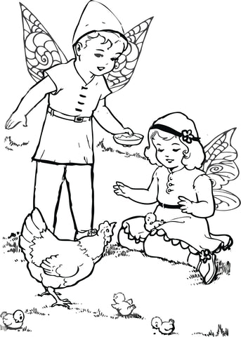 Fairy and chicken coloring page